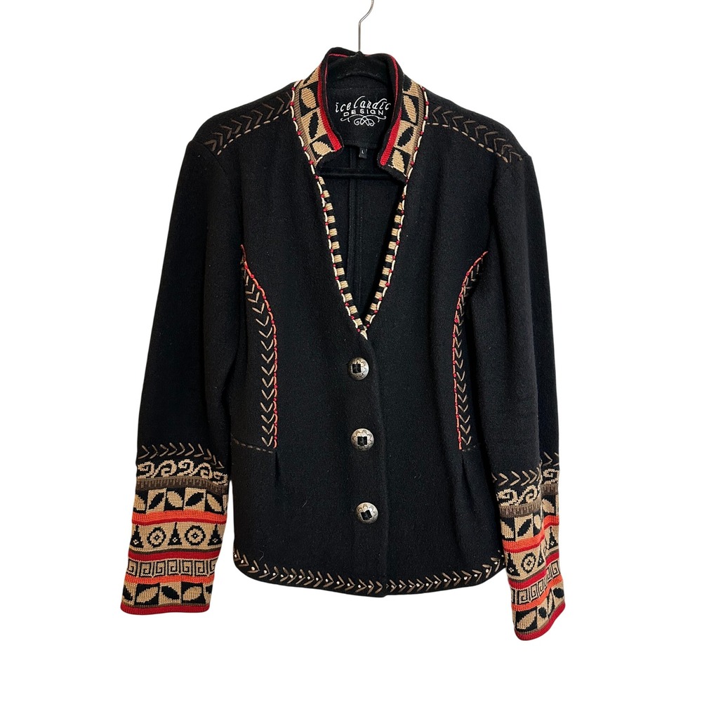 Icelandic Design Boiled Wool Jacket Size L Black Concho Button Southwestern